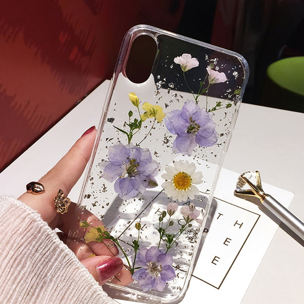 Qianliyao Dried Flower Silver foil Clear Phone Cases For iPhone 12 11 Pro Max XS Max XR X 6 6S 7 8 Plus SE Soft Silicone Cover